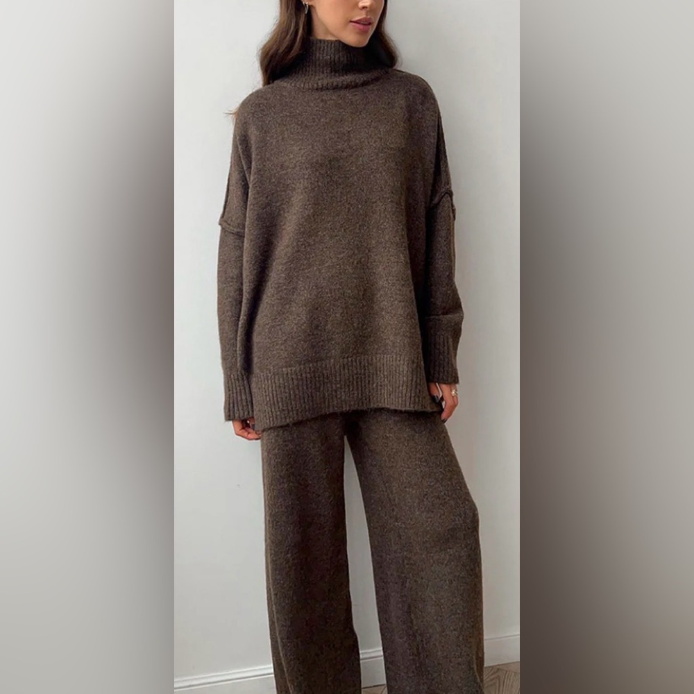 Commense plain turtle Neck knit pants set